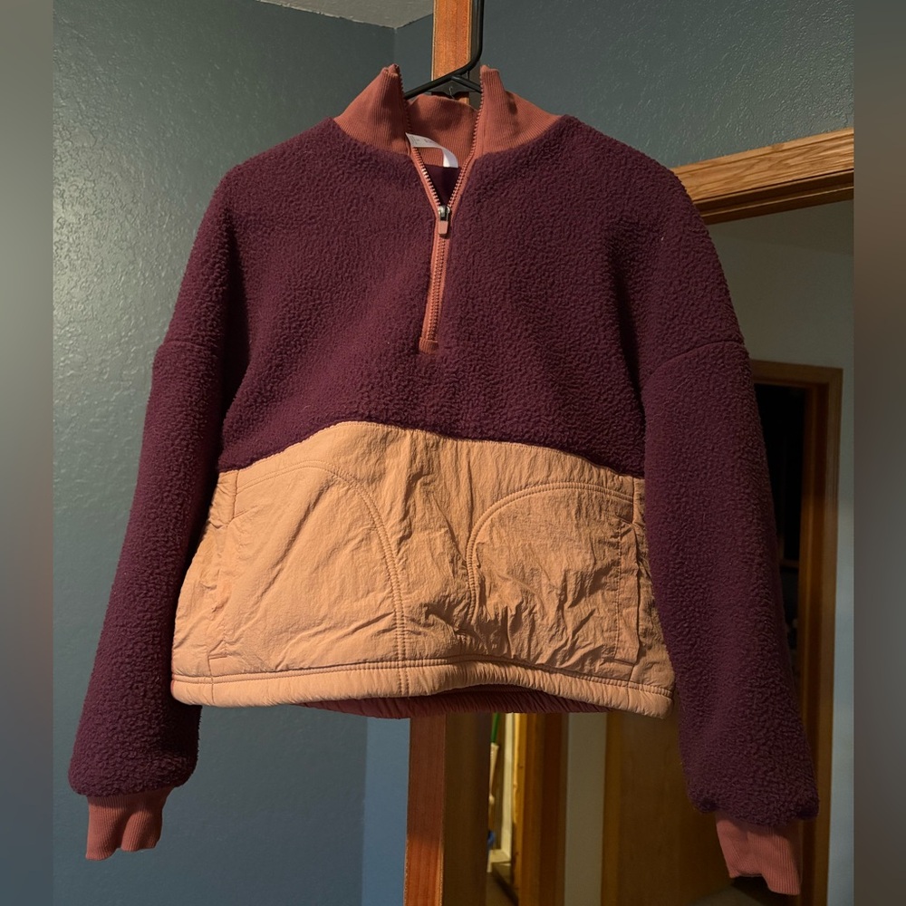 Fabletics Burgundy and Tan Sherpa Pullover